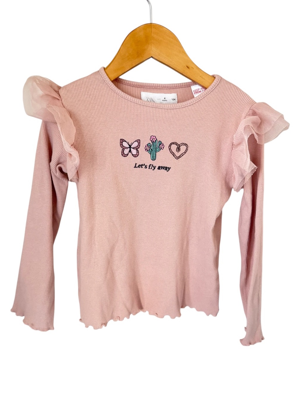 Zara Girls Pink Ruffle-Shoulder Long Sleeve Top with Embroidered Motifs